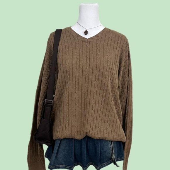 camel brown indie skate elevated basic cotton cable knit sweater - Picture 1 of 8